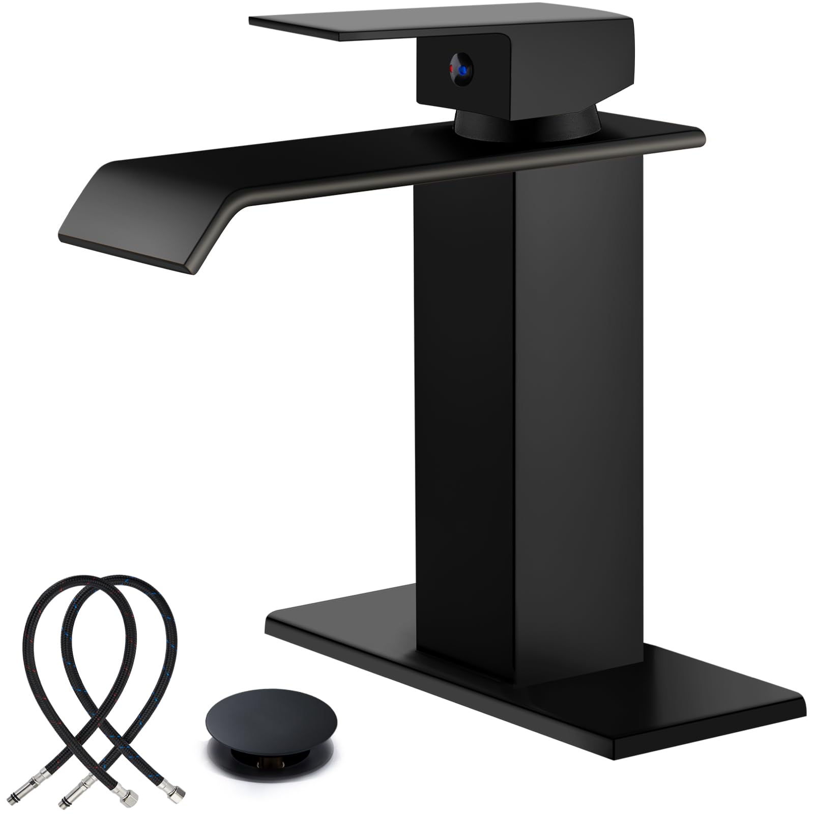 Sxithgkdw Matte Black Waterfall Bathroom Faucets, Single Handle 1 Hole Bathroom Sink Faucet Modern Rv Vanity Restroom Lavatory Basin Faucet With Pop Up Drain And Water Supply Lines,