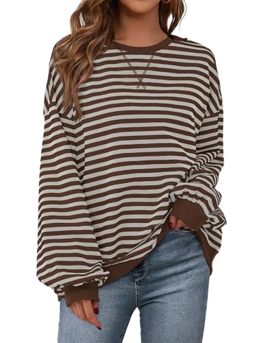 Image of PRETTYGARDEN Womens Striped Oversized Sweatshirt Color Block Crew Neck Long Sleeve Casual Loose Pullover Top Y2K Clothes