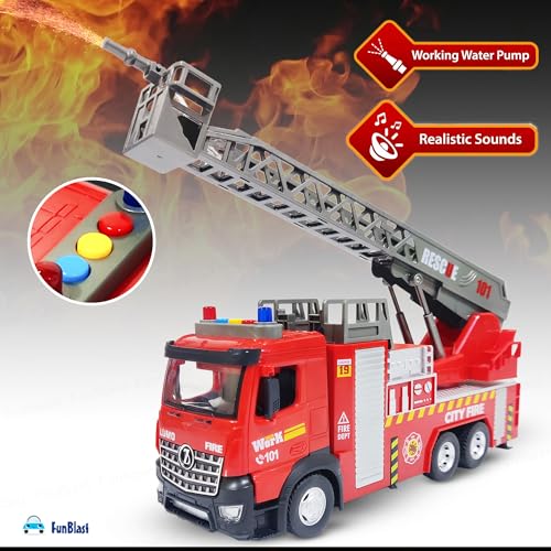 Image of FunBlast Fire Rescue Truck Toy - Realistic City Fire Engine with Light, Sound & Water Spray, Friction Powered Fire Truck Vehicle Toy for Kids Boys & Girls Age 3+ (City Fire)
