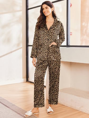 Image of Ekouaer Pajamas for Women Silk Satin Button Down Long Sleeve Pajama Sets