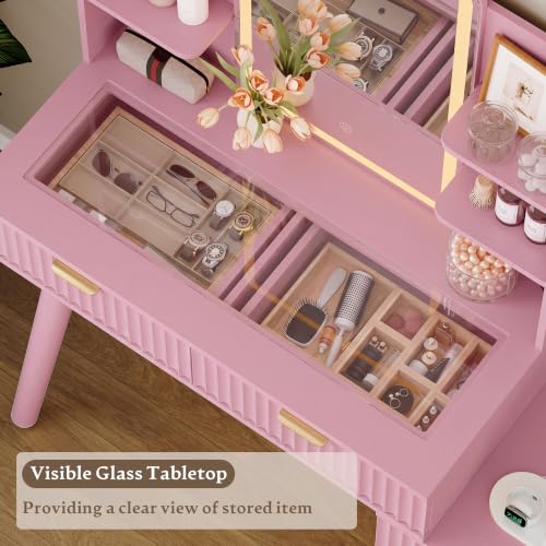 Image of Xixini Fluted Vanity Desk with LED Lights Mirror & Charging Station, Pink