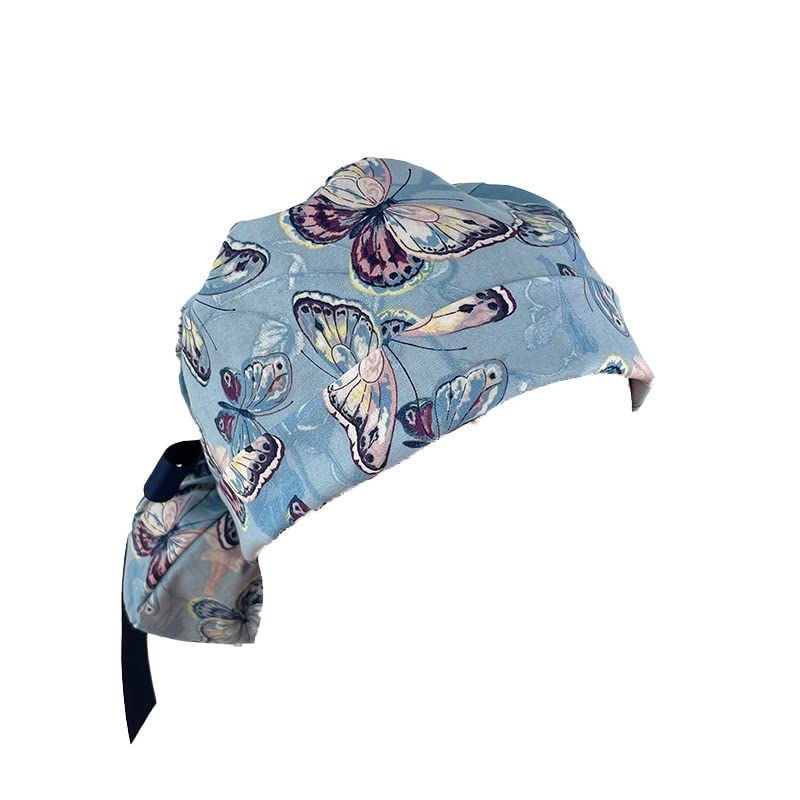 Turn Up Ponytail Medical Scrub Cap – Blue Sky Butterflies – Cornflower Blue - Dr. Hats, Nurses Hats. Bouffant Scrub Hats. Unisex Scrub Cap. Scrub Hat for Women & Men tie Back | Working Cap