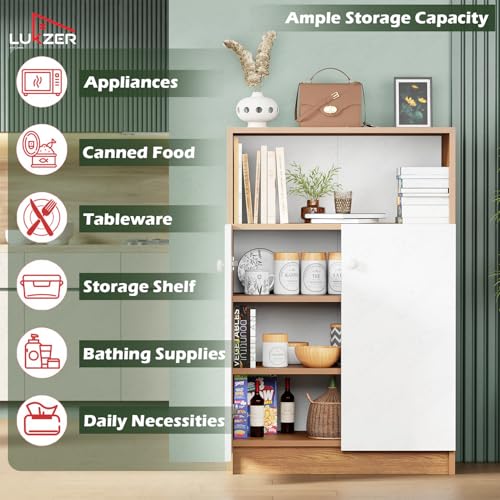 Image of Lukzer 4-Tier Kitchen Storage Cabinet Organizer (SR-003 /Oak Brown) Engineered Wood Multipurpose Kitchen Rack & Storage Shelf with Door, Modern Pantry Cabinet for Dining & Living Room (92x30x60 cm)