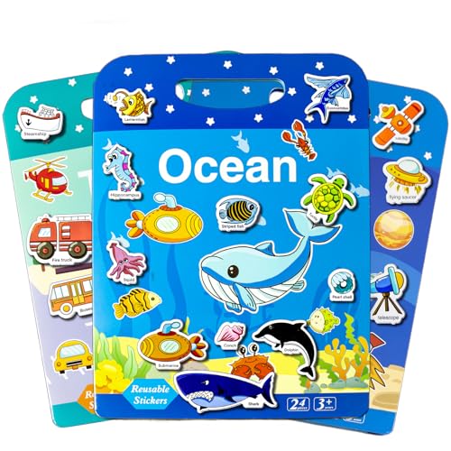 Image of Reusable Sticker Books for Toddlers 1-3, Puffy Stickers Book for Kids Ages 2-4, Toddler Travel Essential Activities Toys for Boys Girls Birthday Christmas - Ocean, Vehicles and Space (3 Set)