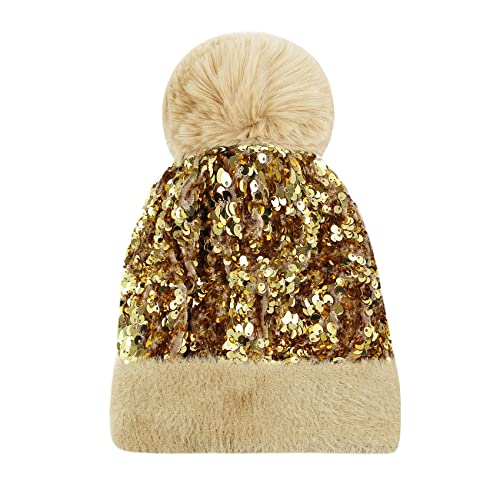 Caviotess Women Sparkly Sequins Knitted Beanie Hat Warm Winter Skull Cap With Faux Fur Pom Pom Gold #TOP17