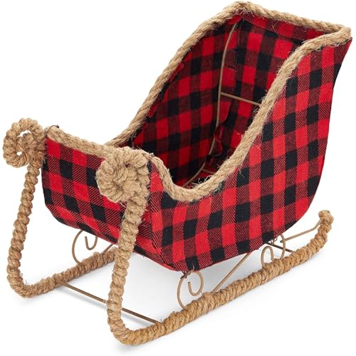Okuna Outpost Buffalo Plaid Tabletop Sleigh - Tabletop Decor Centerpiece - Decorative Santa Sleigh Card & Gift Holder - Durable Buffalo Plaid Fabric & Iron Frame - 11'x 5'x 7.8', Black & Red