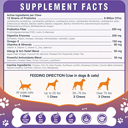 Probiotics For Dogs, Dog Probiotics And Digestive Enzymes, With Prebiotic For Digestive Health, Dog Vitamins For Immune & Skin Health, Omega-3 For Allergy & Itch Relief, 120 Chicken Flavored Chews #TOP5