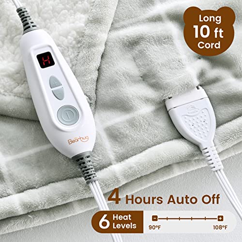 Bearhug Heated Throw Blanket 50" X 60", Reversible Velvet & Sherpa Electric Throw, 5-Year Warranty, 6 Heating Levels & 4H Auto Off, Over-Heat Protect, Etl Certification, Machine Washable #TOP2