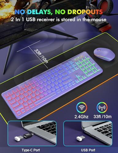 Image of Wireless Keyboard and Mouse Combo, RGB Backlit, Rechargeable & Light Up Letters, Full-Size, Soft Typing, Sleep Mode, 2.4GHz Quiet Keyboard Set for Mac, Windows, Laptop, PC, Trueque (Purple)