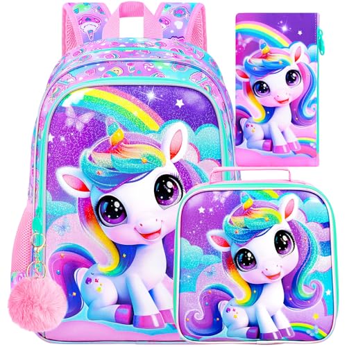 Image of HPJGD 3PCS Unicorn Backpack for Girls, Water Resistant Kids Bookbag Set with Lunch Box, Cute School Bag for Preschool Toddler
