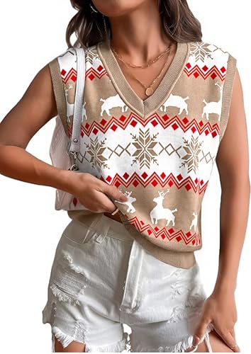 Image of JULYCLO Christmas Sweater Vest Women Ugly Xmas Reindeer Knit Sweaters Casual Santa Snowflake V Neck Sleeveless Outwear Tops