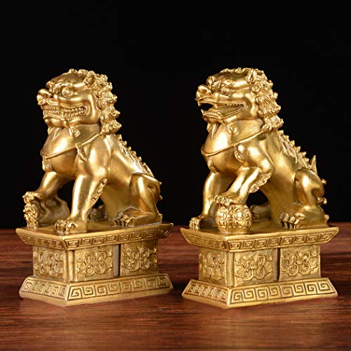 Escultura de león guardián de latón hecha a mano, par de estatuas decorativas miniatura 5