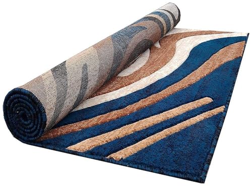 Image of Soft Premium Blue Carpet 5x7 ft Rectangular Washable, Anti-Skid, Fade-Resistant Acrylic Rug for Living Room, Hall, Bedroom, Modern Decor