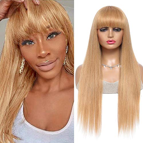 KEMY Honey Blond Human Hair Wigs with Bangs Brazilian Straight Human Hair Blond Wig Glueless None Lace Wigs for Women (22 Inch, #27 Bangs Wig)