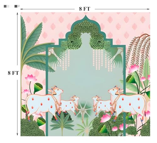 Image of Wedding Decoration Curtains for Background |Backdrop for Pooja | Wedding Haldi Functions Festival Decoration Cloth Pink Clour 8x8 feet (Small Four Cows) | Pooja Decorations Backdrop Cloth