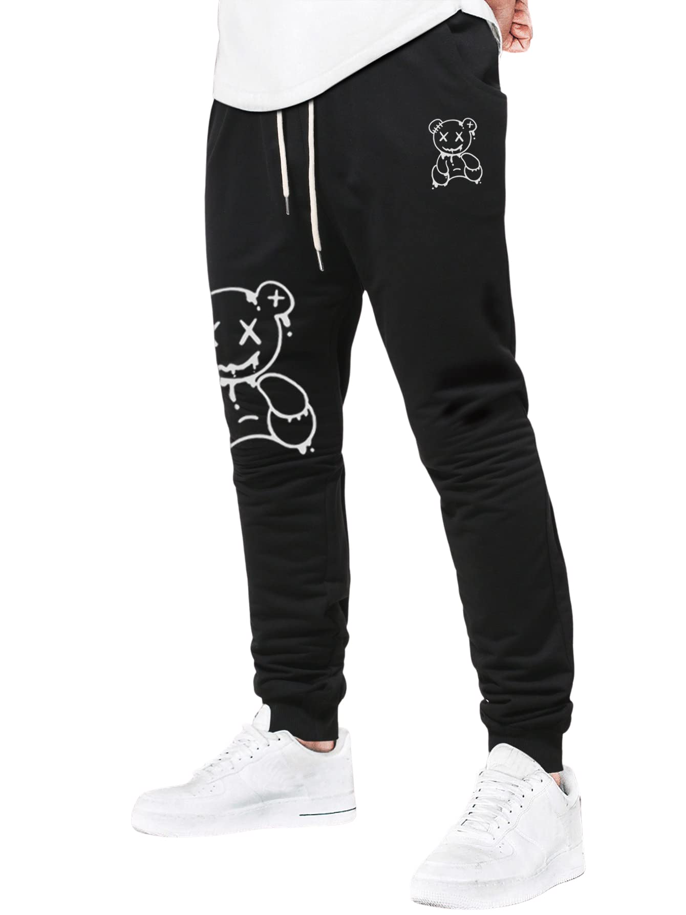 WDIRARAMen's Cartoon Bear Print Drawstring Waist Sweatpants with Pocket