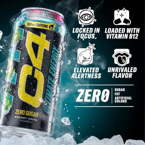 Image of C4 Ultimate Energy Drink, 300mg Caffeine, Zero Sugar, High-Performance Energy for Pre-Workout, Endurance, and Focus, Tropical Tundra Frost, 16oz (Pack of 12)