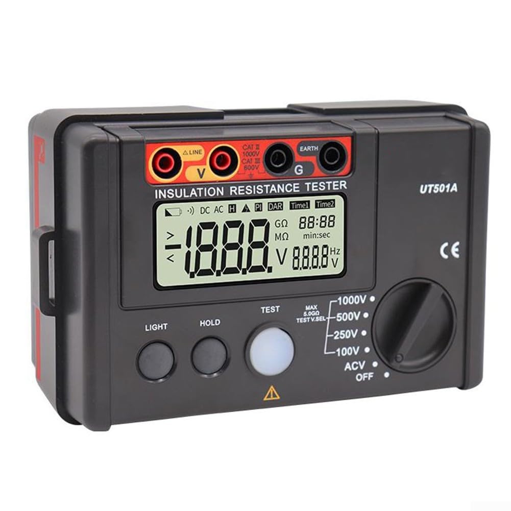 Probador de resistencia de aislamiento UT501A Medidor de resistencia de aislamiento digital Megohmmeter 100V-1000V Voltaje de salida Pantalla LCD Descarga automática Equipo de prueba