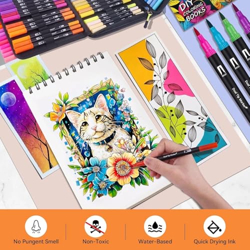 Image of Shopiable Store Sketch Pens 100 Colors Dual Brush Pens Set with Case - Fine & Brush Tip Markers for Coloring, Calligraphy, Drawing, Sketching, Bullet Journaling & Art Supplies