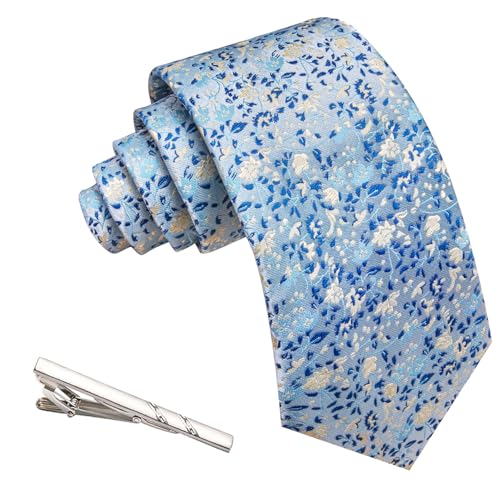 Image of Barry.Wang Floral Ties for Men Flower Necktie with Tie Clip Formal