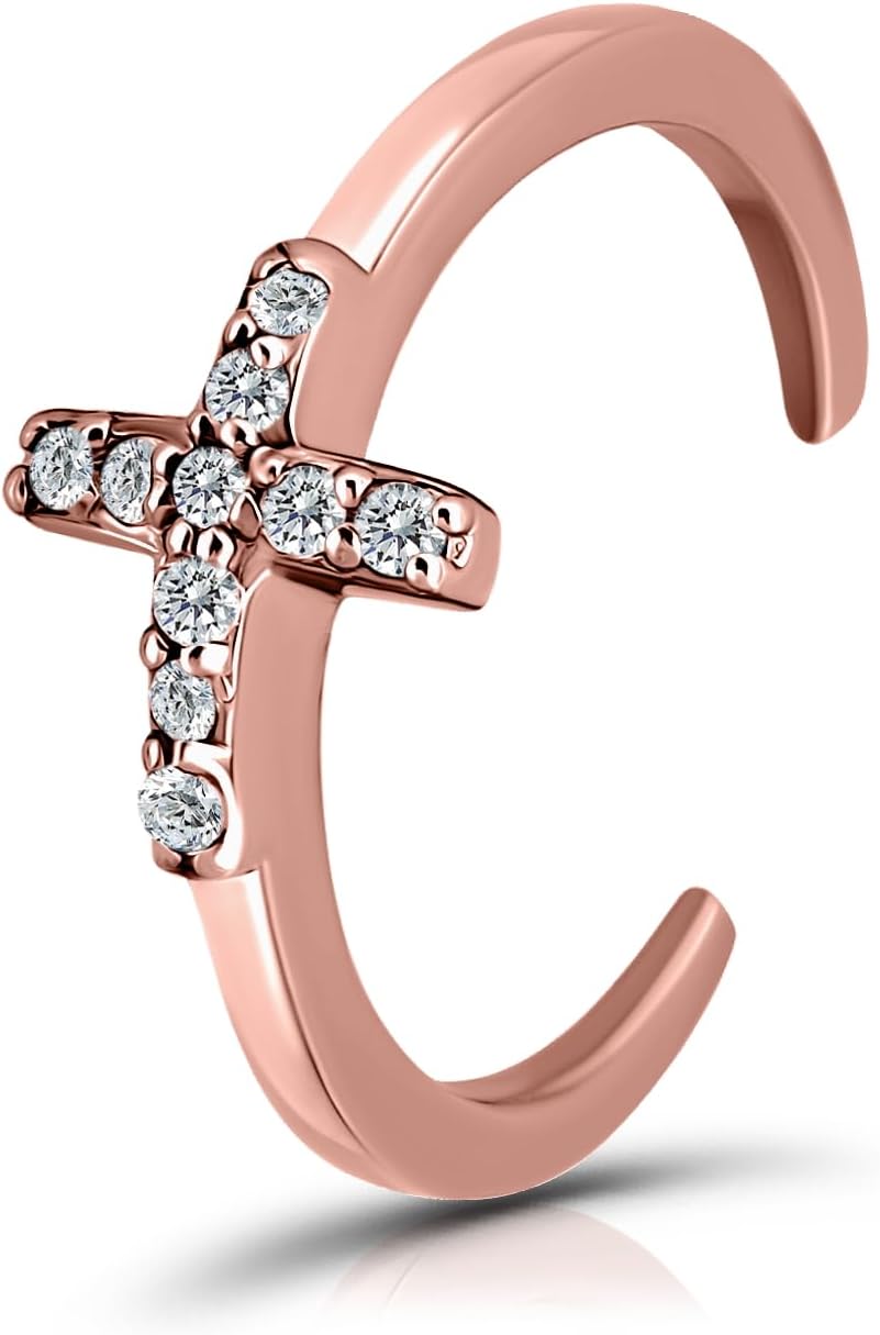 Hoops & Loops 925 Sterling Silver Cubic Zirconia Sideways Dainty Cross Toe Ring for Women Men, Silver, Yellow Gold, Rose Gold