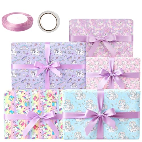 5er-Set Geschenkpapier Einhorn Set 70x50 cm Geschenkpapier mit Doppelseitigem Klebeband & Geschenkband Gift Wrapping Paper Geschenke Verpacken für Geschenke Party-Deko Kinder Erwachsene