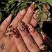 HOSAILY Medium Almond 3D Brown Gold Flower Press on Nails-‎ Tortoiseshell Leopard French Tip Blossom Gradient Design,24Pcs Handmade Fall/Autumn/New Year Glue on Acrylic Fake Nail Press ons for Women