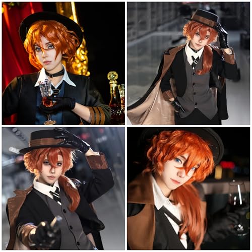 Image of Half and Half Long Curly Orange Brown Anime Cosplay Wig with Bangs Gradient Brown Wave Wigs Synthetic Hair for Women Men Halloween Costume