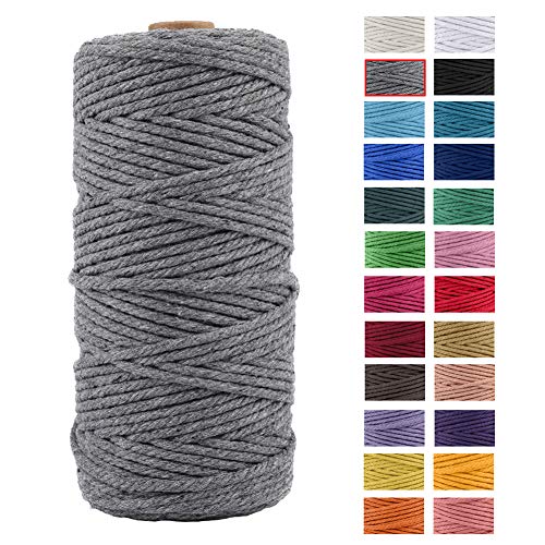 JeogYong Naturliches Baumwolle Garn, Baumwollgarn Makramee-Seil Weiches Baumwoll-Seil, zum Wandbehänge, Pflanzenhalter, Basteln, Heimtextilien, Geschenkverpackung 3mm x 109 Yards (Grau)