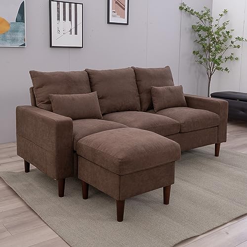 Panana 3 Seater Sofa Couch with Footstool,L shape Corner Sofa Upholstered Linen Fabric Sofa in Brown