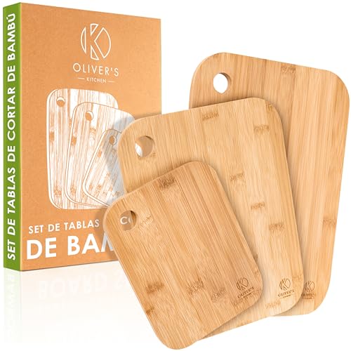 Oliver's Kitchen ® Tablas de Cocina - Set de 3 Tablas de Cortar Cocina - Tablas Madera Cocina de Diferentes Tamaños - Tablas de Cortar Bambú Orgánico 100% Natural - Resistentes y Fáciles de Limpiar