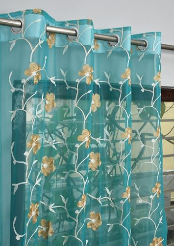 Image of Homefab India Embroidery Floral Net Transparent Sheer Curtain - 7X4 Feet, Door Curtains, Aqua, Pack of 2 Pcs