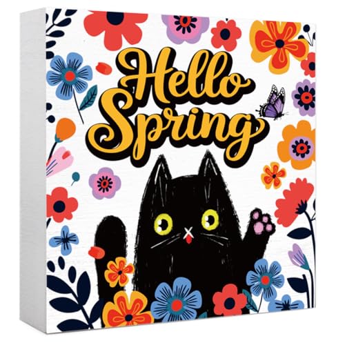 Spring Themed Black Cat Wooden Box Sign, Hello Spring Wood Block Sign for Home Kitchen Cubicle Decor Tiered Tray Desk Shelf Tabletop Decor 5 X 5 Inches