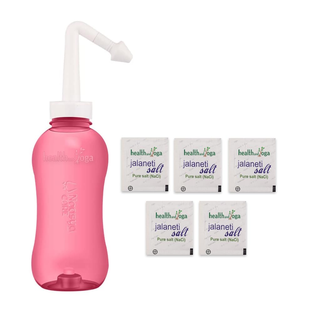 Jala Neti Pot Squeeze Bottle (325 ml) + HealthAndYoga® Pure Jal Neti Salt Sachets (Pack of 5)- For Blocked Nose, Cold & Headaches- Valve Button Controls Water Flow- Nasal Wash Detox Kit
