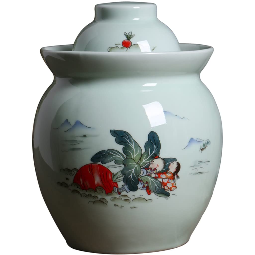 Chinese Jingdezhen Ceramics Fermenting Jar with Water Seal Double Lid and Kimchi Jar for Pickling Art Deco Painted Radish Pattern Household Storage Bucket 0.75kg (Color: A)