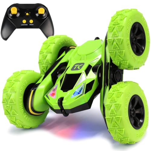 Threeking Remote Control Car 4WD 360° Flip Stunt Double Sided Driving Durable RC Cars with Breathing Soft Lights, Green, Unique Toys Gifts for Boys Girls Ages 6-12