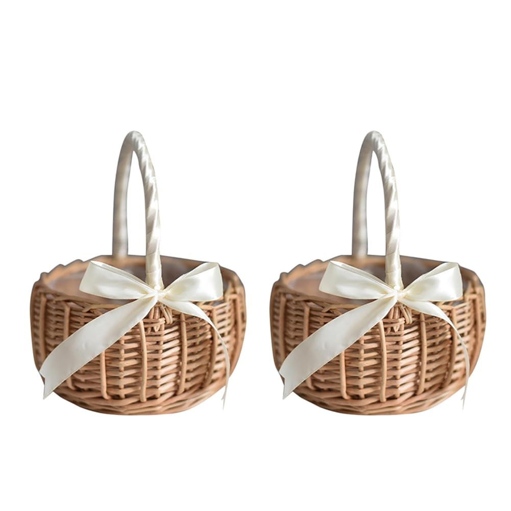 Hndhbfgrt 2X Wicker Woven Flower Basket, with Handle and White Ribbon, Wedding Flower Girl Baskets, for Home Garden Decoration(L)