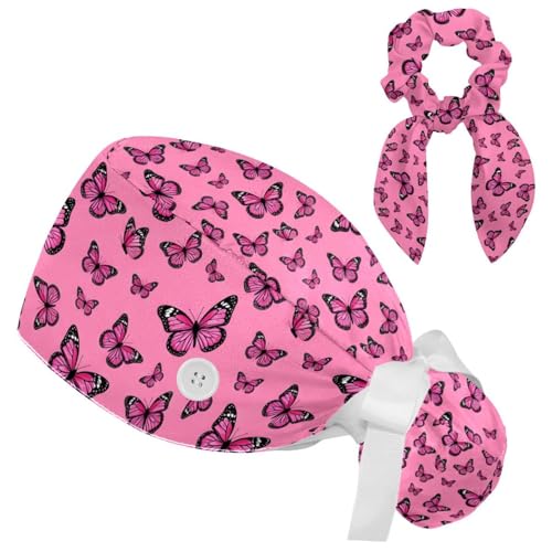Image of Butterfly Scrub Cap Women with Ponytail & Buttons Adjustable Surgical Nurse Hat with Cotton Sweatband for Long Hair