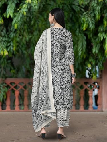 Pinkmint Women's Hevy Cotton Blend Black Kurta Set L Stitched Printed Dupatta Set L Stylish Women Festival Dress (Pack Of 1)