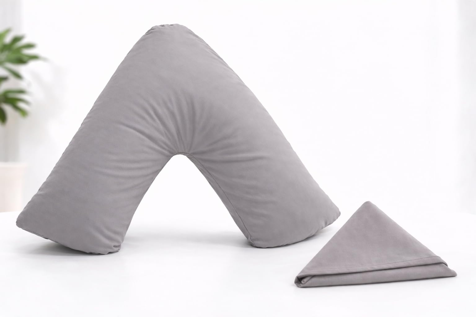 Orthopaedic V-pillow with Free Pillowcase- Pregnancy/Maternity Support Triangle Pillow with Polycotton Case 74x34cm-Hollow Fibre Pillow for Neck,Back, Shoulders (Grey)