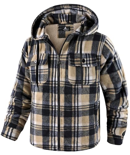 Image of Mens Plaid Hoodies Winter Zip Up Fleece Jacket Sherpa Fleece Lined Warm Flannel Jacket Coat