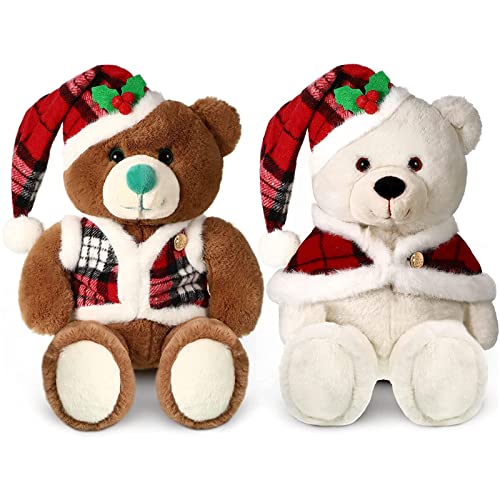 Skylety Christmas Bear Plush Cute Stuffed Animals Soft Pp Cotton Plush Toy Wearing Red Check Vest Cloak Christmas Hat For Girlfriend Wife Girl Women, White, Brown (8.7 Inch) #TOP2