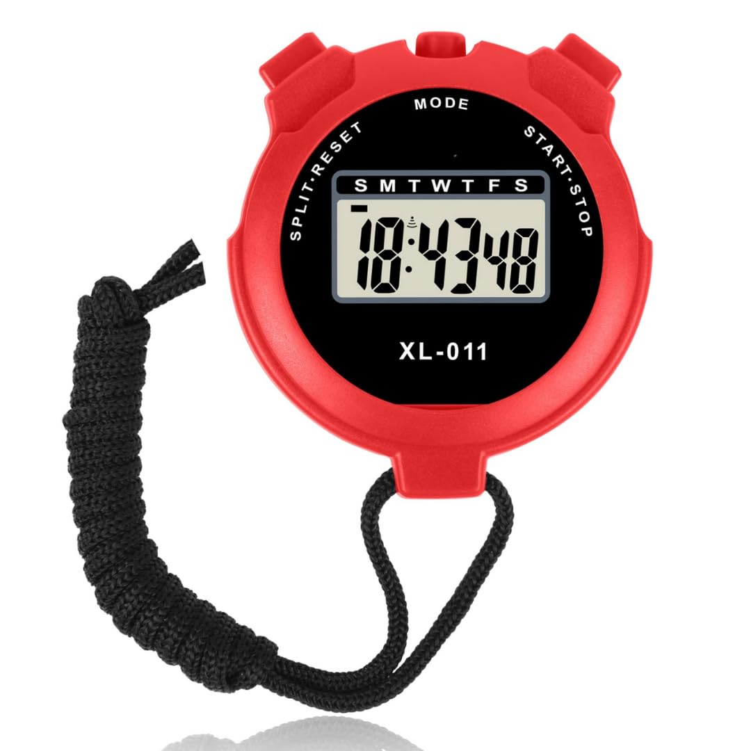 Digital Handheld Sports Stopwatch With Alarm, Multi-Function Stop-watch Timer with Large Display Date & Time, Stopwatch with12/24 Hours Clock, Stop.watch for Swimming, Running, Sports Training (Red)