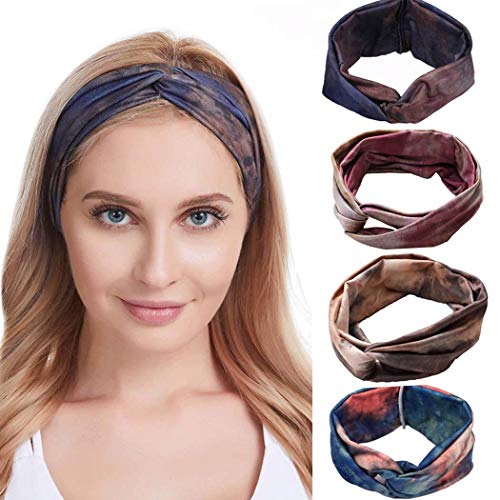 Asooll Boho Headbands Cross Headband Headpiecce Bohemia Floal Style Head Wrap Hair Band Vintage Cotton Stylish Elastic Fabric Hairbands Fashion Hair Accessories for Women and Girl(pack of 4)