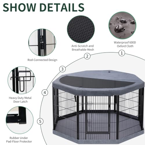 Image of PETIME Dog Playpen,Metal Exercise Puppy Pen Heavy Duty Kennels Yard Fence Indoor /Outdoor 8 Panels Dog Cage with Octagon Top Cover /Bottom Pad (Playpen+Octagon Top+Bottom, Grey, 40 inch H)
