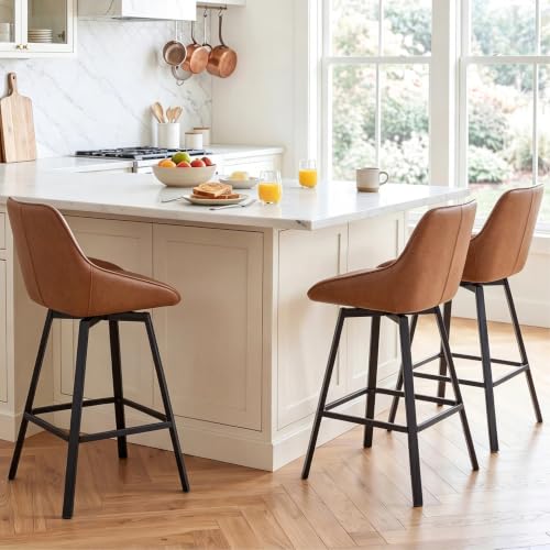 Image of Zesthouse Swivel Counter Height Stools Set of 3, Modern Upholstered Barstools with Backs, 26'' Faux Leather High Chairs for Island Kitchen, Counter Height Chairs with Metal Legs, Brownish-Orange