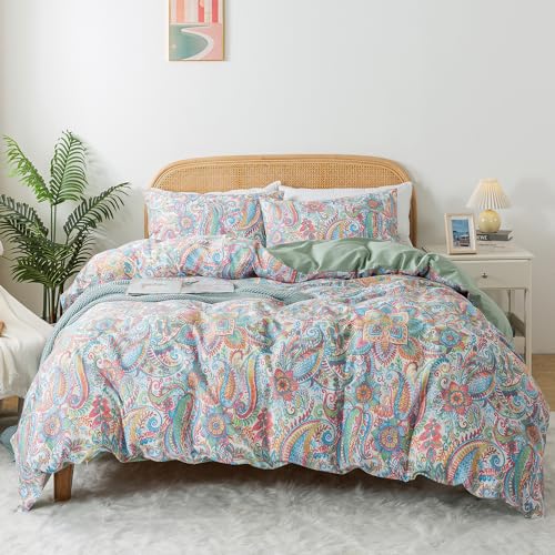 Zusbest Pink Green Duvet Cover Set King Size 100% Percale Cotton Paisley Comforter Cover Floral Printed Watercolor Bedding Luxury Crisp Soft Reversible Colorful Bedding 3Pcs, King Zusbest Pink Green Duvet Cover Set King Size 100% Percale Cotton Paisley Comforter Cover Floral Printed Watercolor Bedding Luxury Crisp Soft Reversible Colorful Bedding 3Pcs, King
