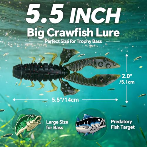 Image of Battle Craw Soft Plastic Crawfish Lures Kit with Removable Rattles | Salt Infused Creature Bait for Bass Fishing, Texas Rig & Jig Trailer Lure in Tackle Box, Realistic 1:1 Claw-to-body 4.1 /5.5in