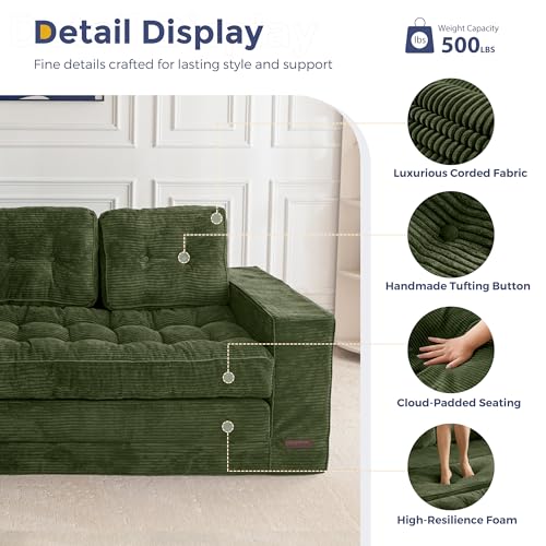 Image of MAXYOYO Convertible Sofa Bed, Pull Out Loveseat Sofa Couch, 2 in 1 Folding Couch Bed, Fold Out Floor Couch with Pillows for Living Room Bedroom Lounge, Dark Green