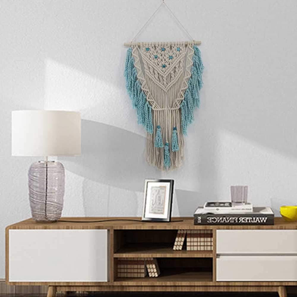 Colgante de pared de macramé hecho a mano, arte de pared tejido, macramé, frontón azul